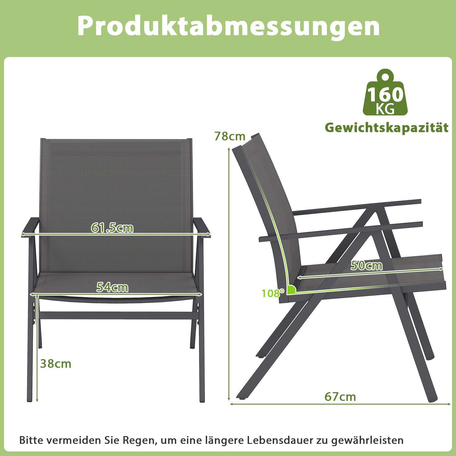 pack – trädgårdsstolar med andningsbart tyg balkongstolar terrassstolar – 2 – Grå