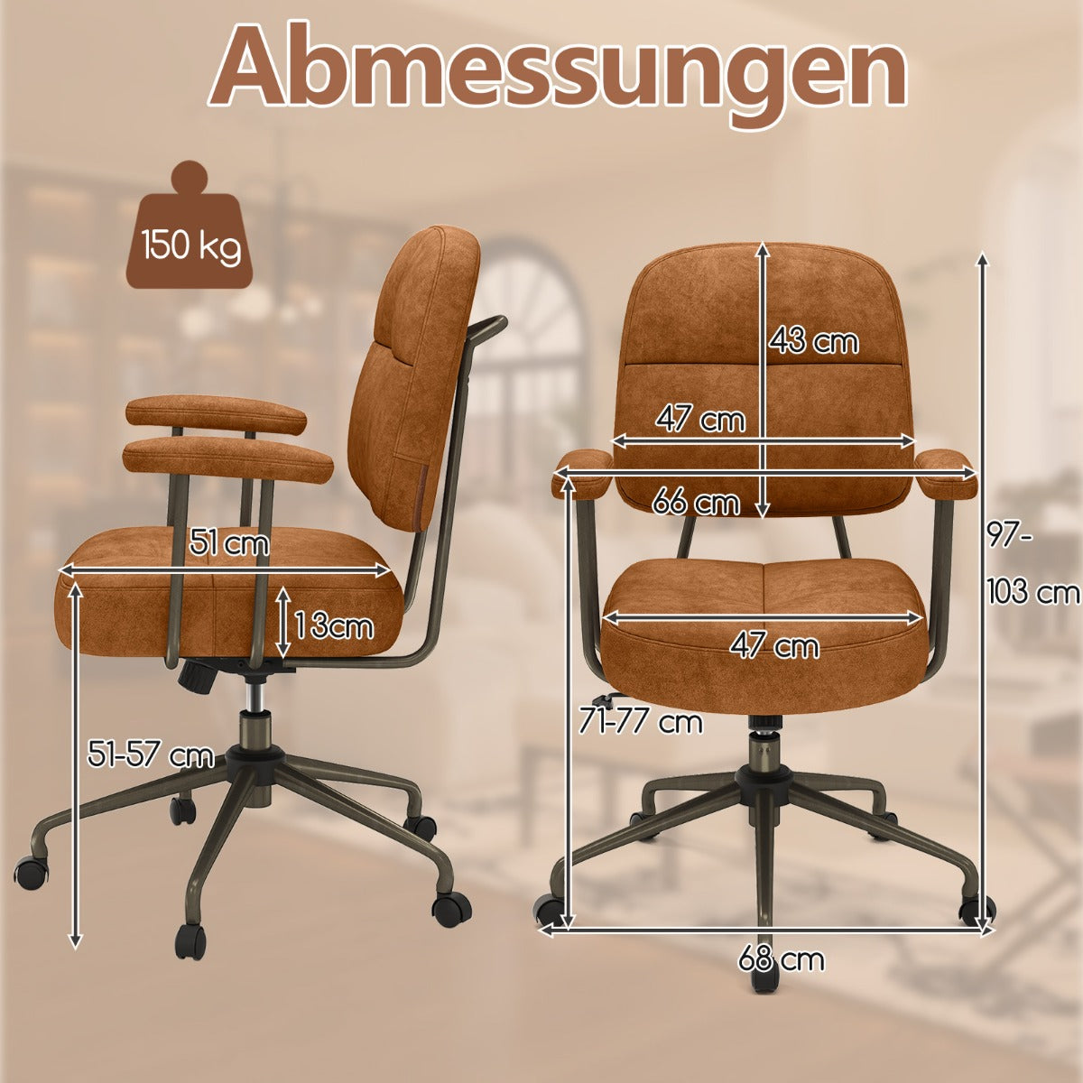 Ergonomisk – kontorsstol med armstöd och hjul, vadderad datorstol, höjdjusterbar – Brun