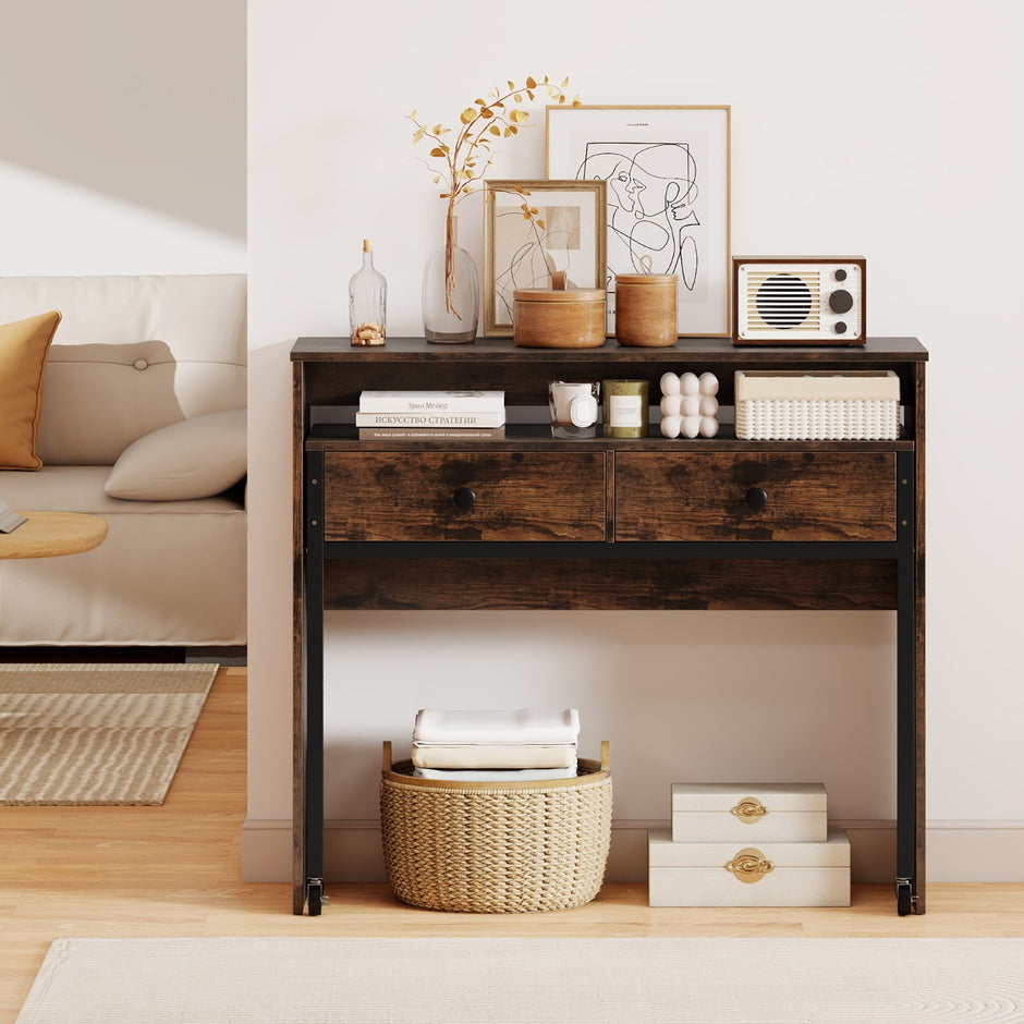 Utdragbart – skrivbord, mindre datortabell med lådor och hjul – 2 100 x 63 x 88 cm – Brun