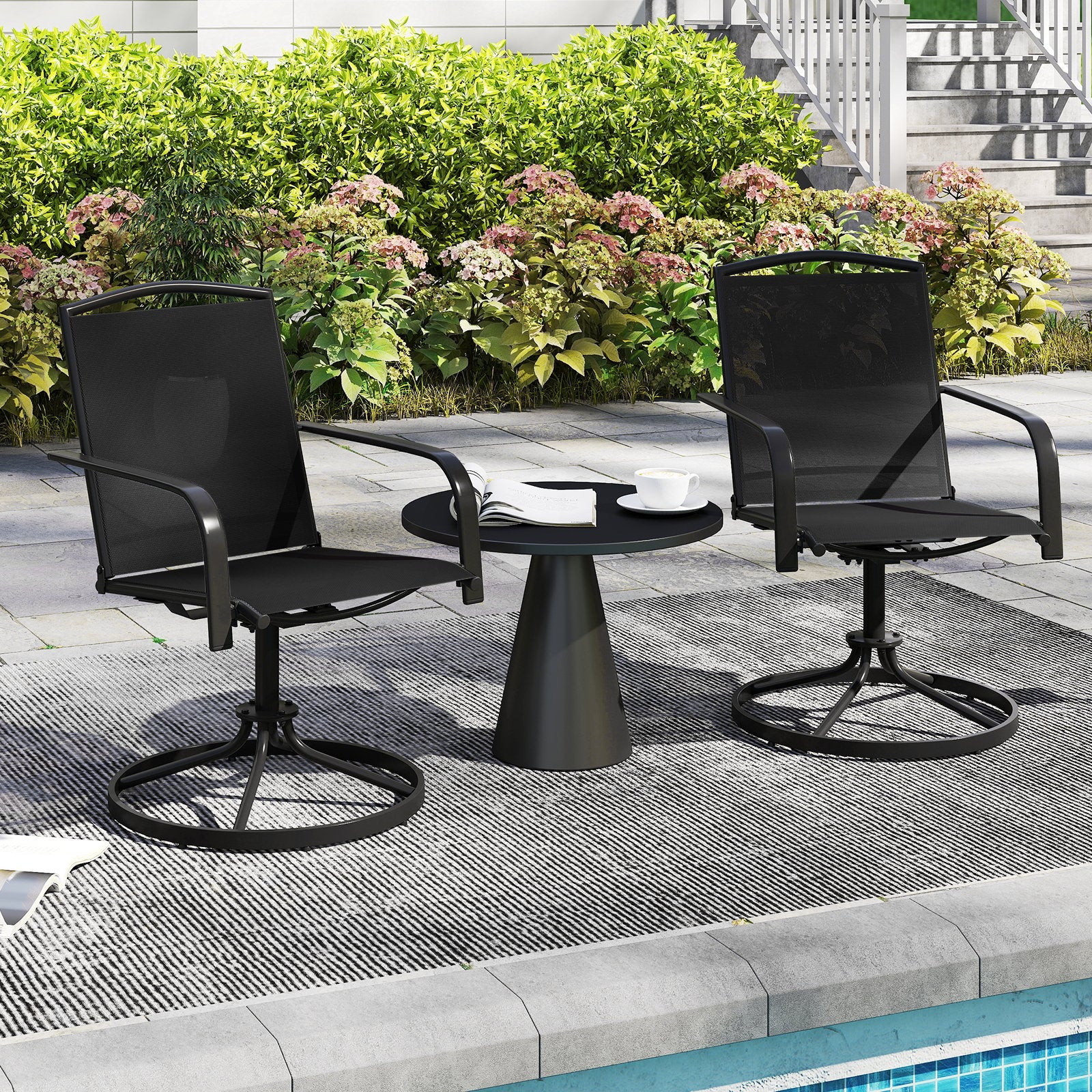 pack – 360° svängbara trädgårdsstolar med snabbtorkande tyg, terrassstolar i – 2 – Svart
