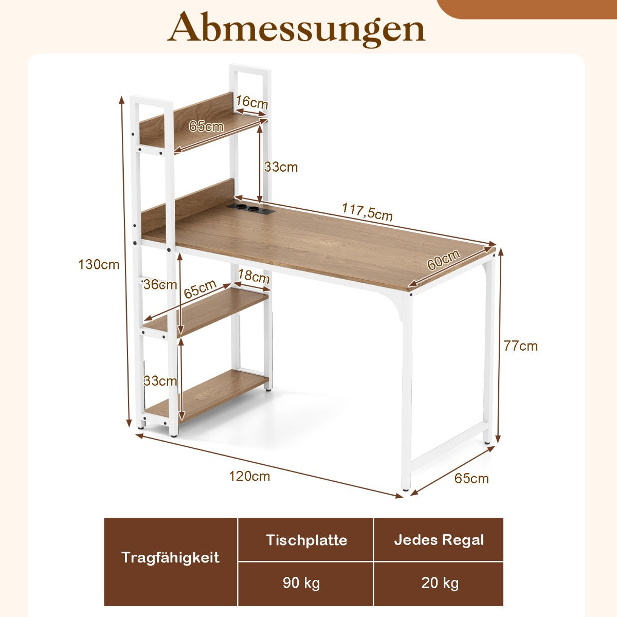 Skrivbord – med laddstation datorbord öppen bokhylla i naturutförande – 120 x 65 cm – Natur