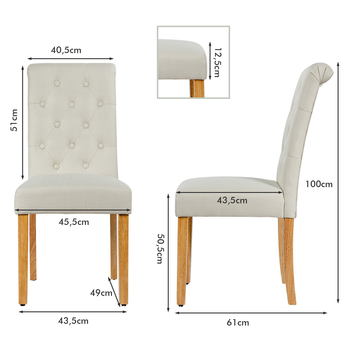 pack – knapp tuftade matsalsstolar, stoppade tygstolar med gummiträdsben – 2 – Beige