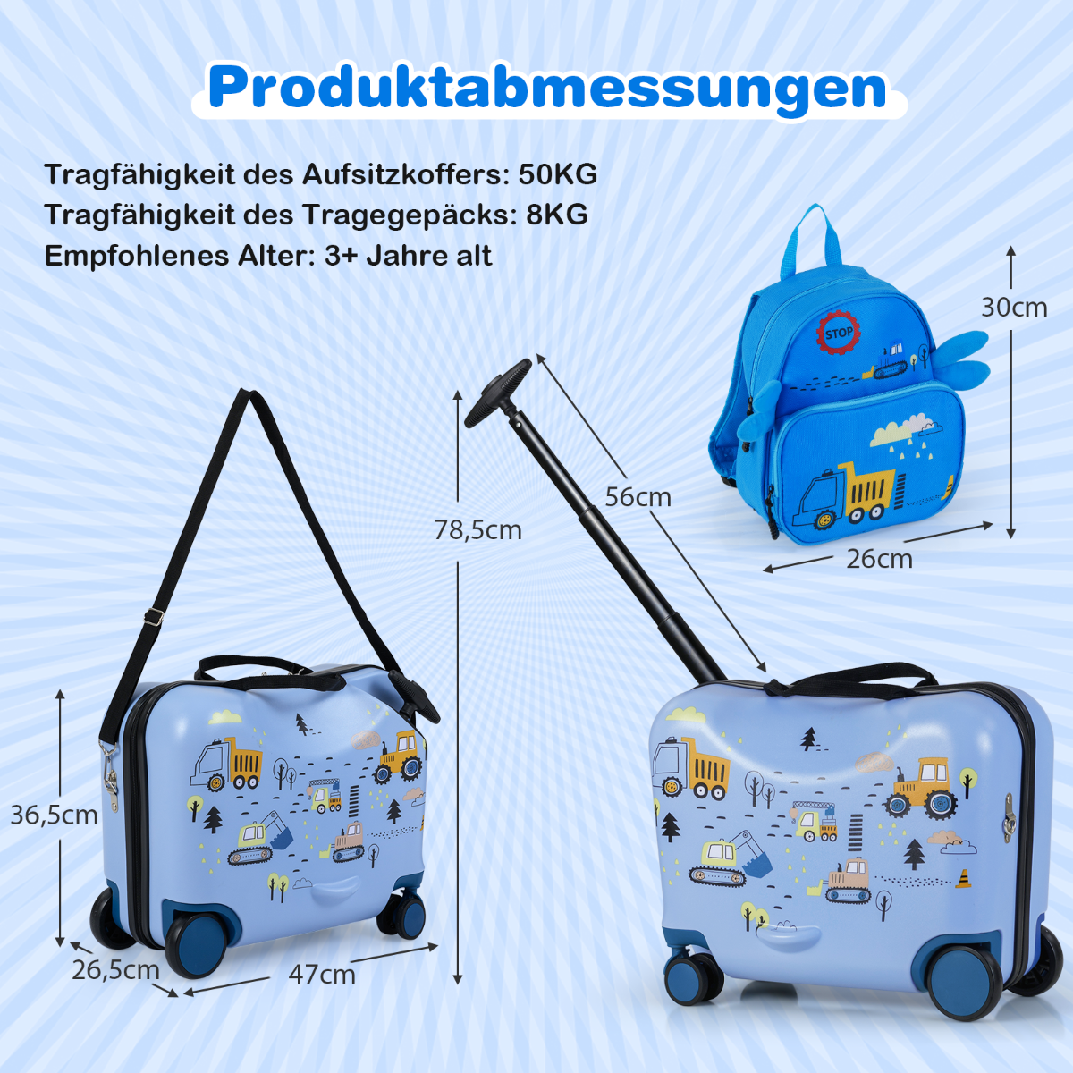 delad – barnväska + ryggsäck lång sittväska och bred grävmaskin – 2 47 cm 30 cm – Ljusblå