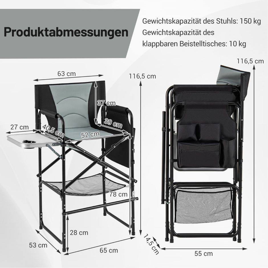 Fällbar – campingstol hög med sidobord avtagbar fotstöd + – Svart