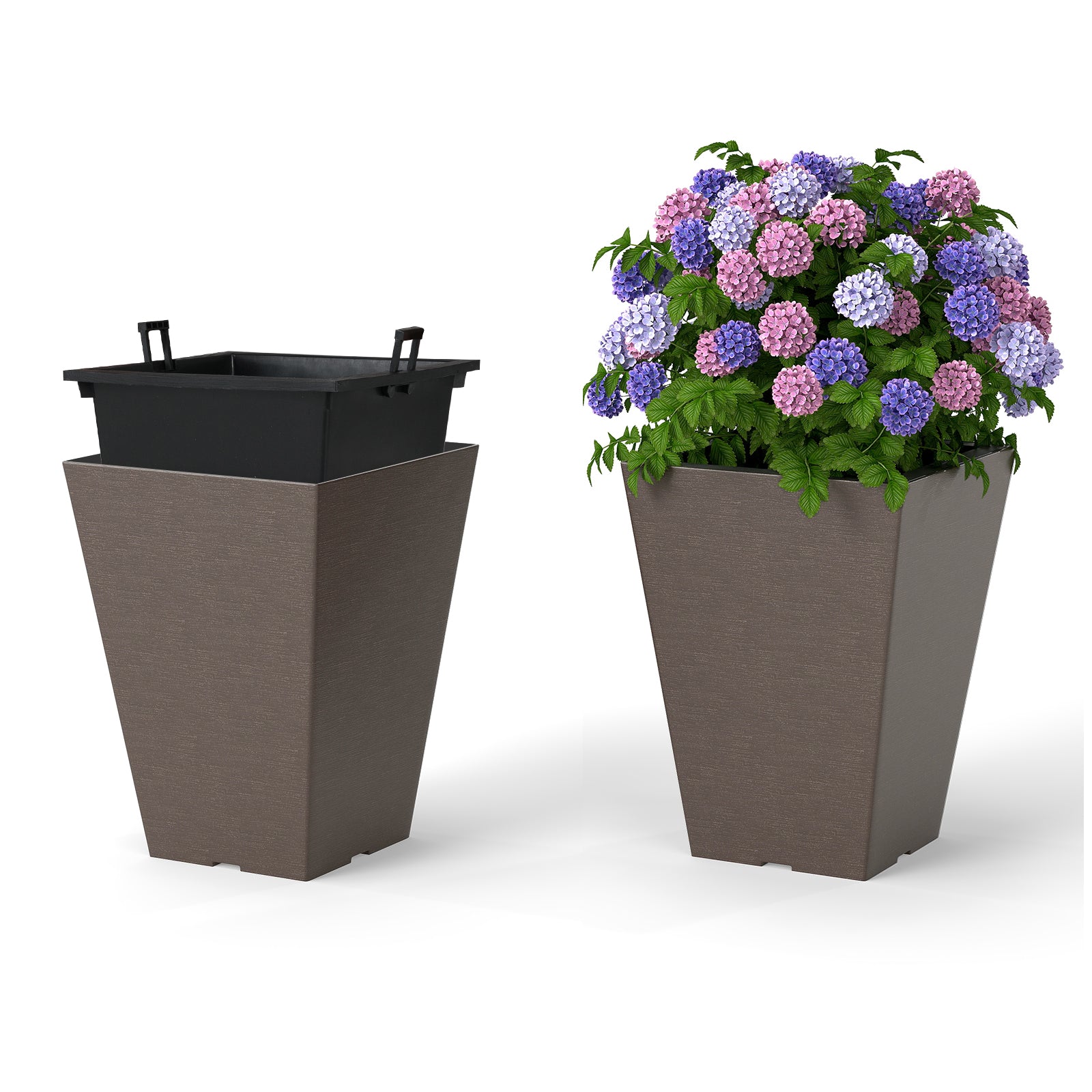 stycken – planteringskrukor med innerkruka, blomkrukor dräneringshål, väderbeständiga, bruna – 2 – Brun