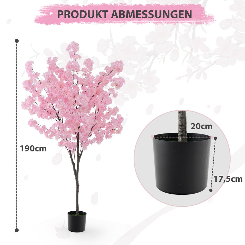 Konstgjord – körsbärsblomma Konstväxt med blommor Konstträd i kruka – 190 cm – Rosa