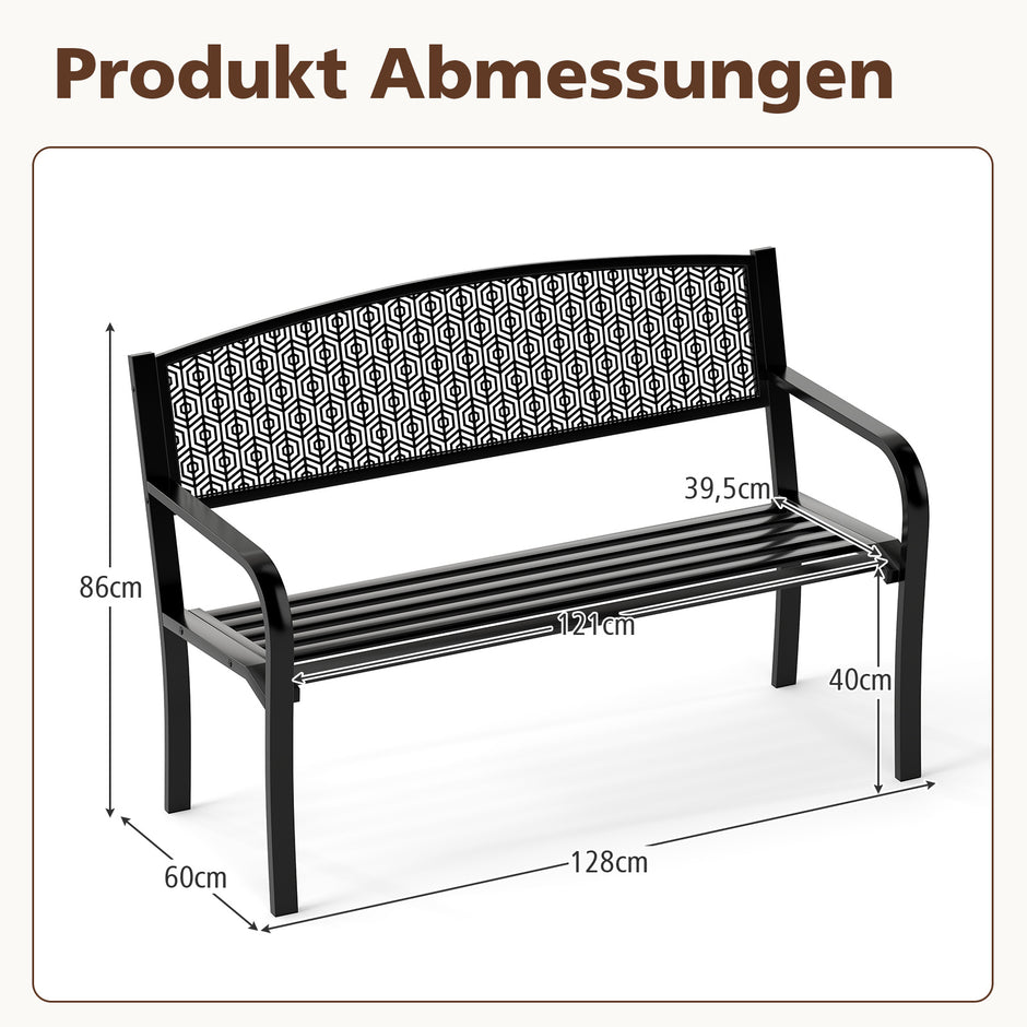 Trädgårdsbänk – Metall Väderbeständig Sittbänk för Personer Balkongbänk med Armstöd – 2 128 x 60 x 86 cm – Svart