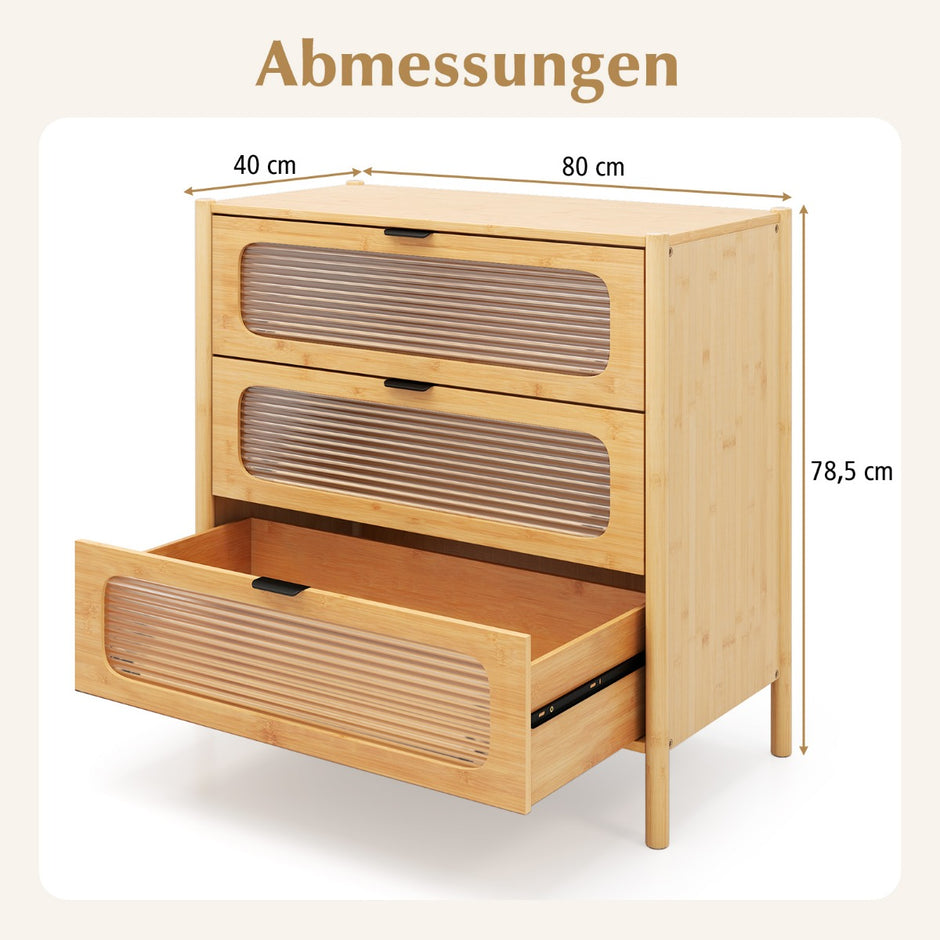 Kommodeskåp – med lådor, sidobord i bambu och härdat glas, – 3 80 x 40 x 78,5 cm – Natur