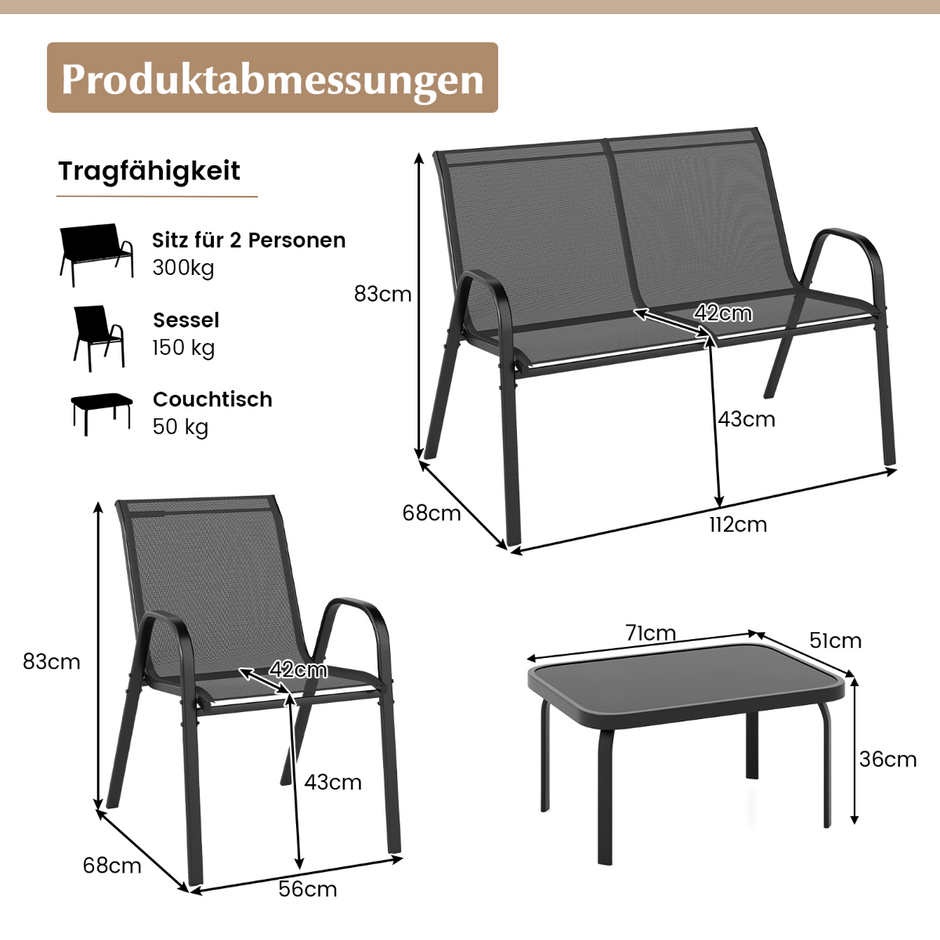 delat – patio metallstolset modernt och bordsset med tygöverdrag bordsskiva i härdat glas – 4 – Grå
