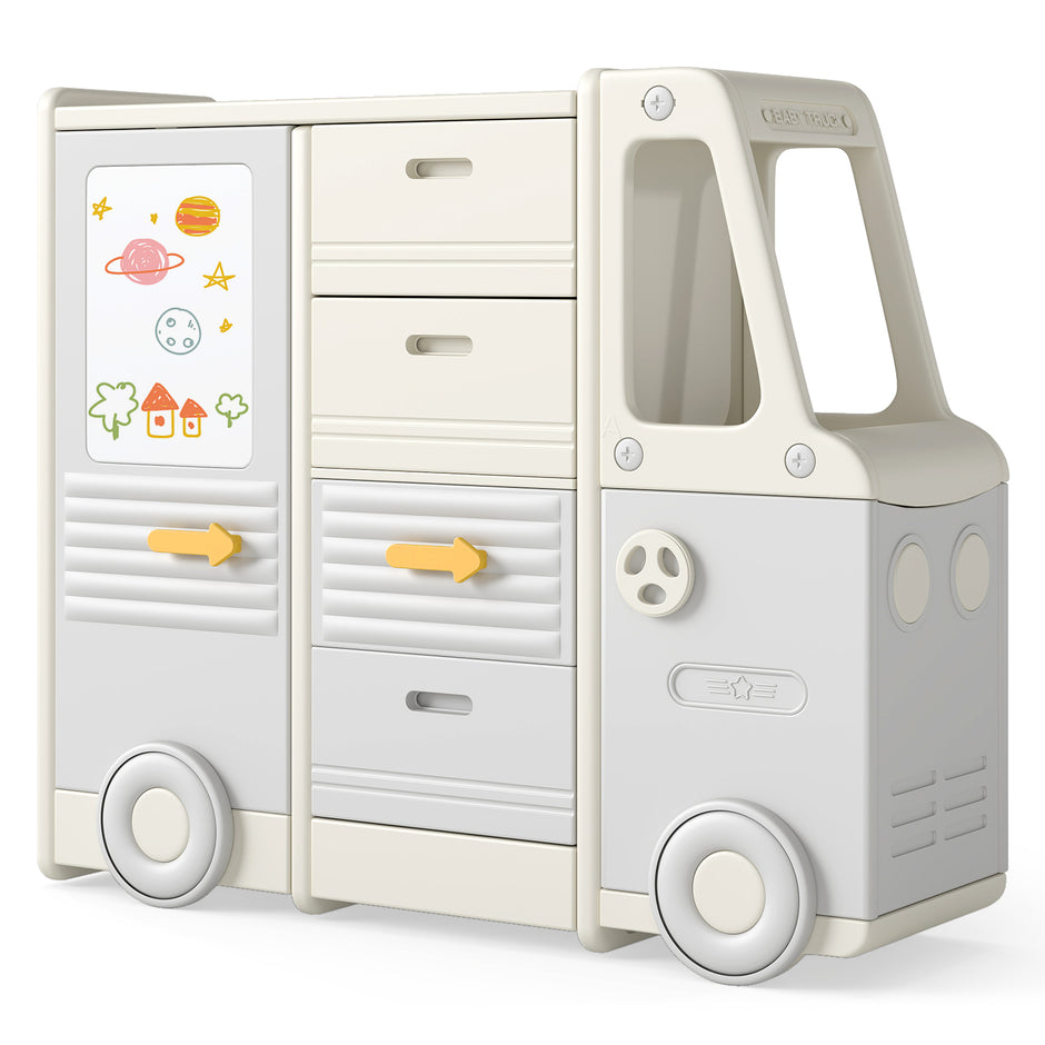 Leksakshylla – Bil Barnhylla i Bussform med Whiteboard Lådor och Skåp – 4 111 x 34 x 94 cm – Grå