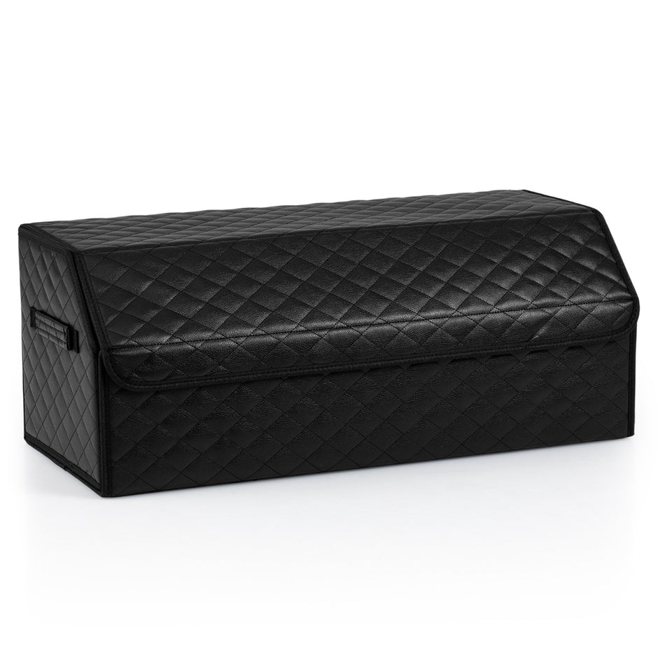 51L – Ihopfällbar Bil Baklucke Organisatör av Läder med Lock och Flexibel Avskiljande Vägg Quiltad – Svart