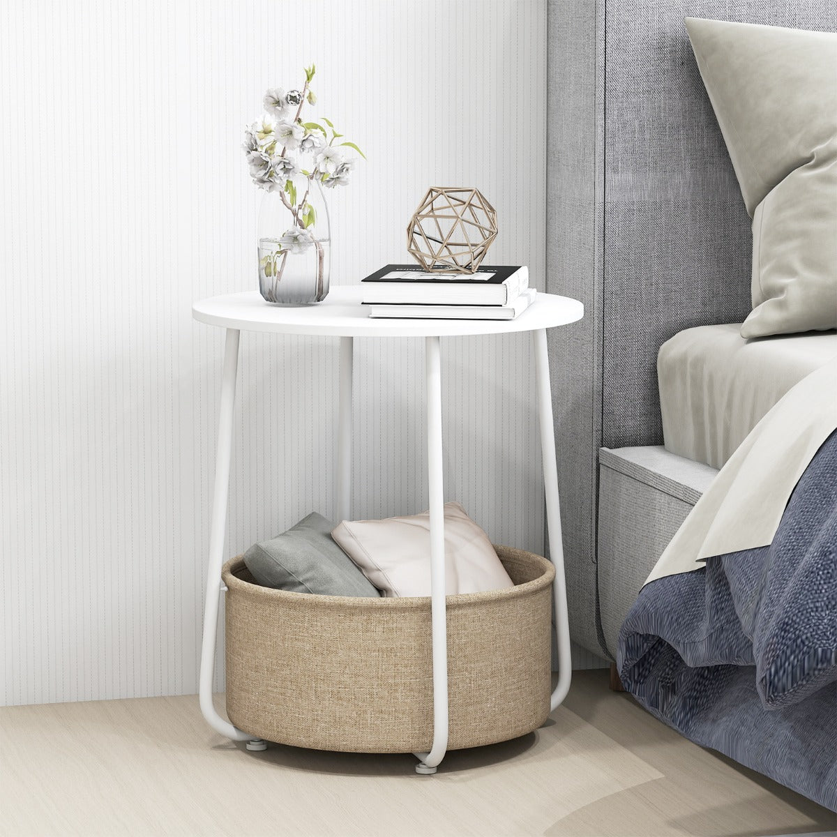 Rund – sidobord med förvaringskorg Litet soffbord Modernt Nattduksbord Vitt – Vit