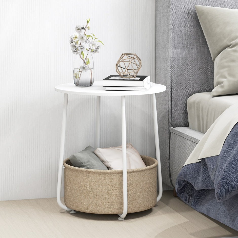 Rund – sidobord med förvaringskorg Litet soffbord Modernt Nattduksbord Vitt – Vit