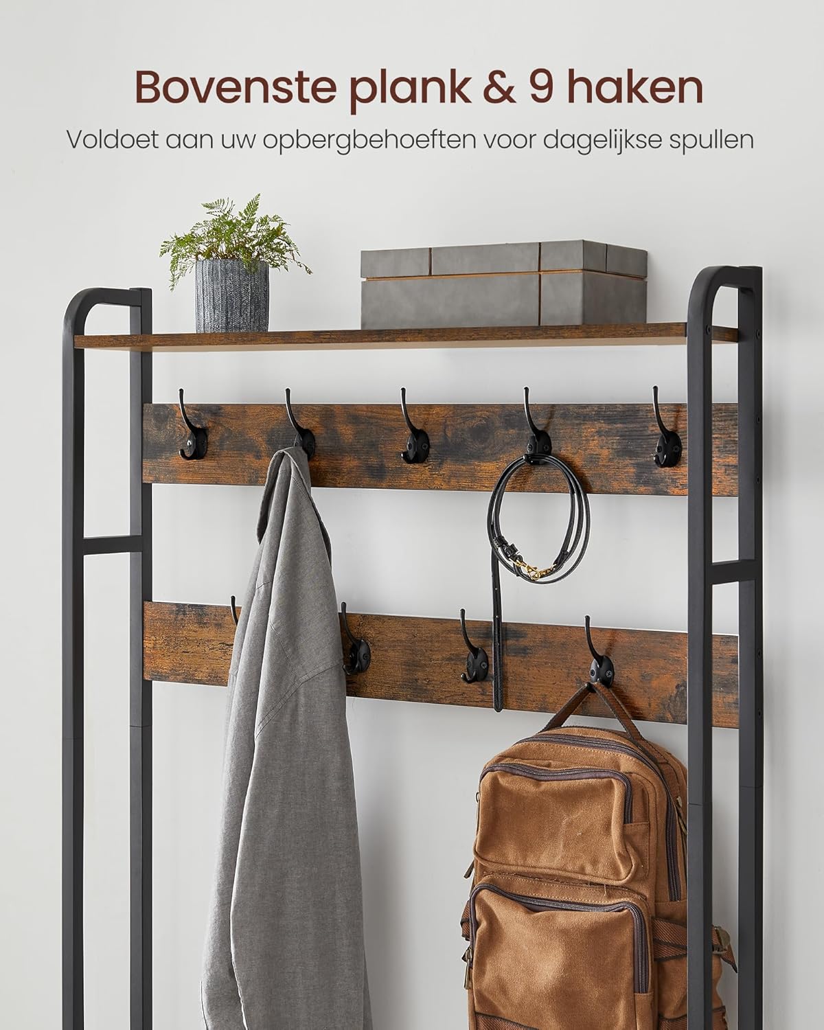 Kapstok met schoenenbank – Industrieel design – 4-in-1 functie – 9 haken – Tot 100 kg draagvermogen