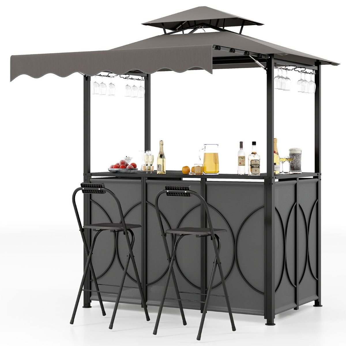 Väderbeständig – grillpaviljong med bar och barstolar, trädgårdspaviljong dubbelt tak markis, – 2 . – Grå