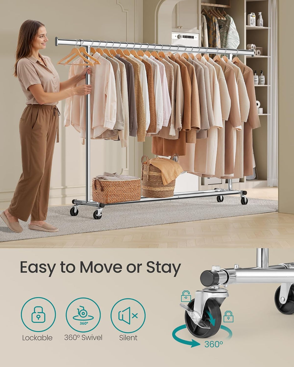 Kledingrek op Wielen – Uitschuifbare Roede 160–200 cm – 150 kg Draagvermogen – Zilver