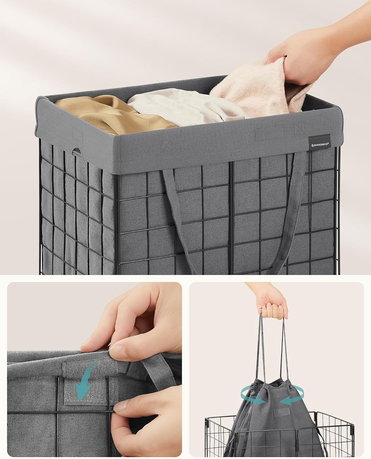 Wasmand – Uitneembare waszak – Metalen frame – Zilver en zwart