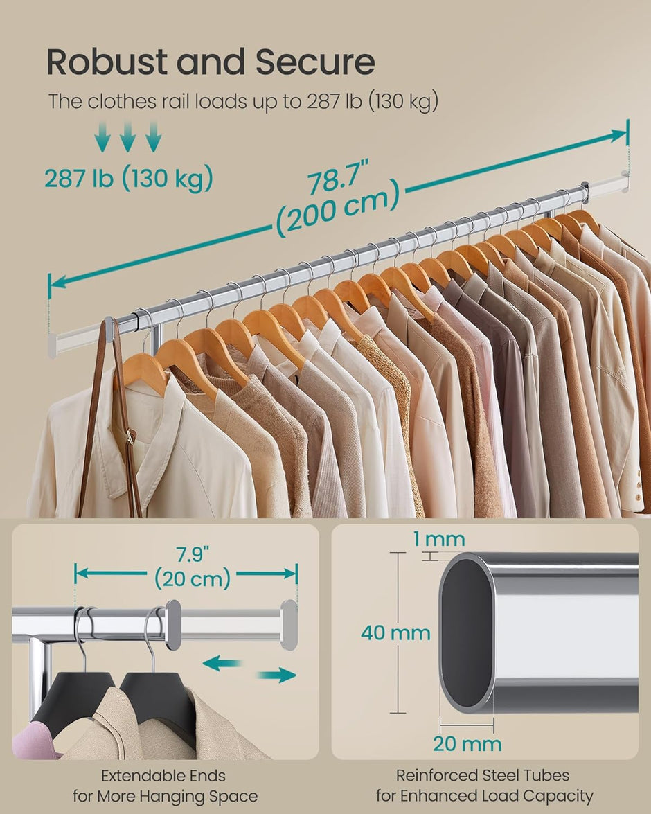 Kledingrek op Wielen – Uitschuifbare Roede 160–200 cm – 150 kg Draagvermogen – Zilver