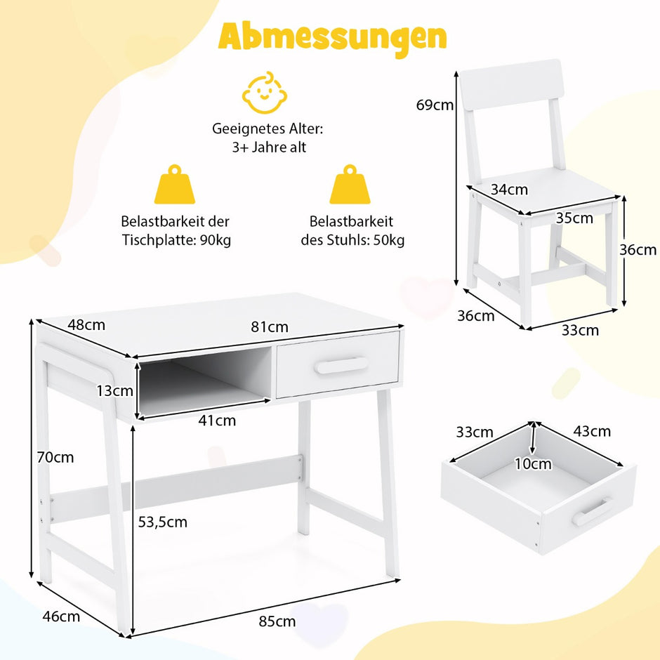 Skrivbord – barn med stol set i trä låda och förvaring – Vit