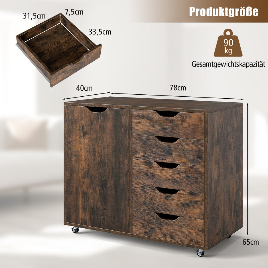 Rullbehållare – med lådor mobilt arkivskåp dörr – 5 79 x 39 x 65 cm – Brun