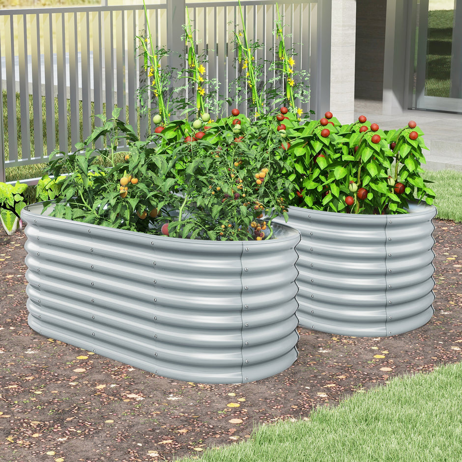 Metall – Oval Höjbädd med Öppen Botten Planteringslåda Förkultivering Wellpapp Blomsterbädd – Grå
