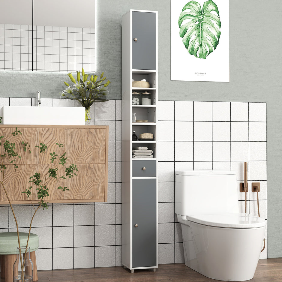 Badskåp – högskåp smalt badrumsskåp med dörrar + – 2 20 x 20 x 180 cm – Grå och vit