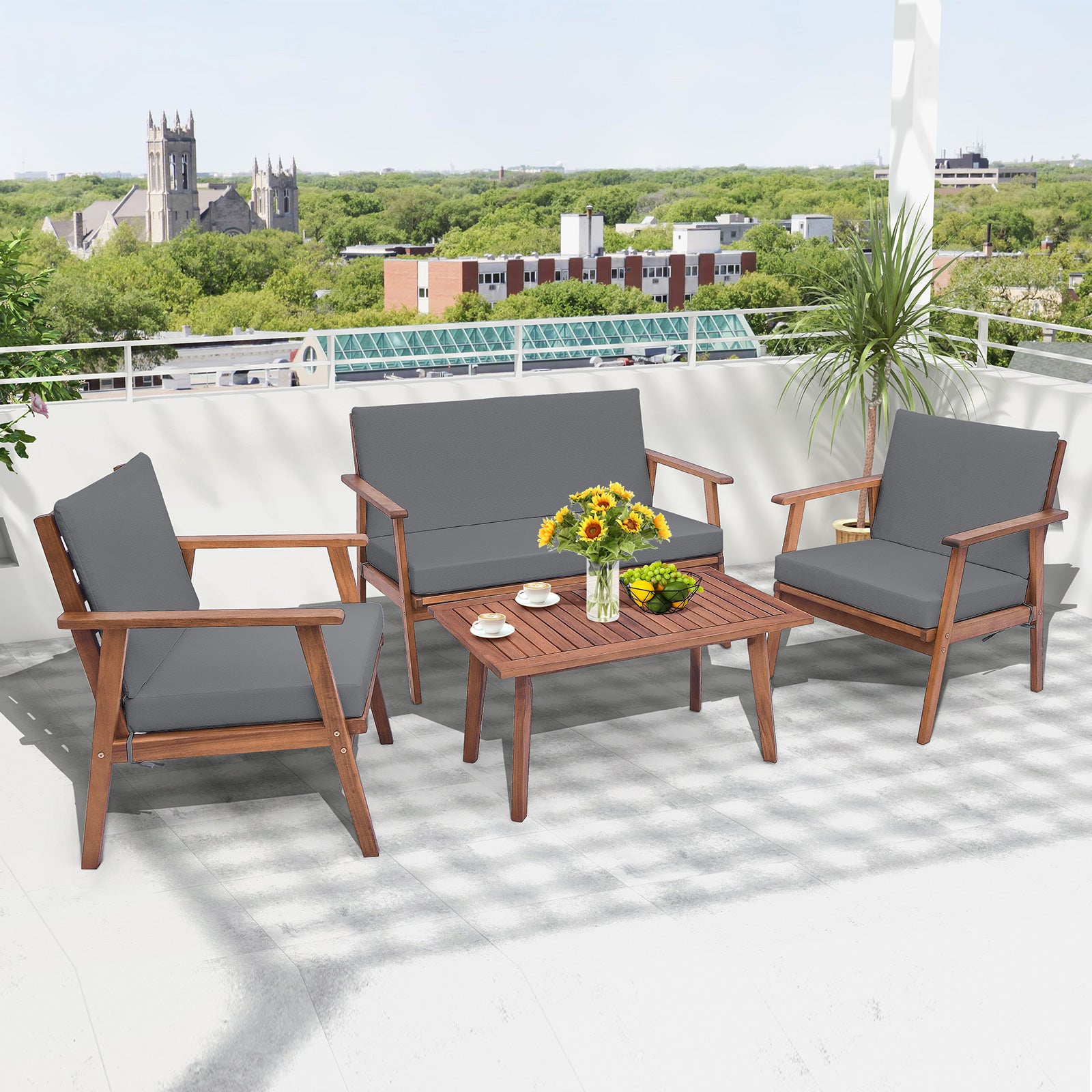 delat – trädgårdsmöbelset balkongmöbler i akaciaträ terrassmöbler med sitt och ryggkuddar – 4 – Grå