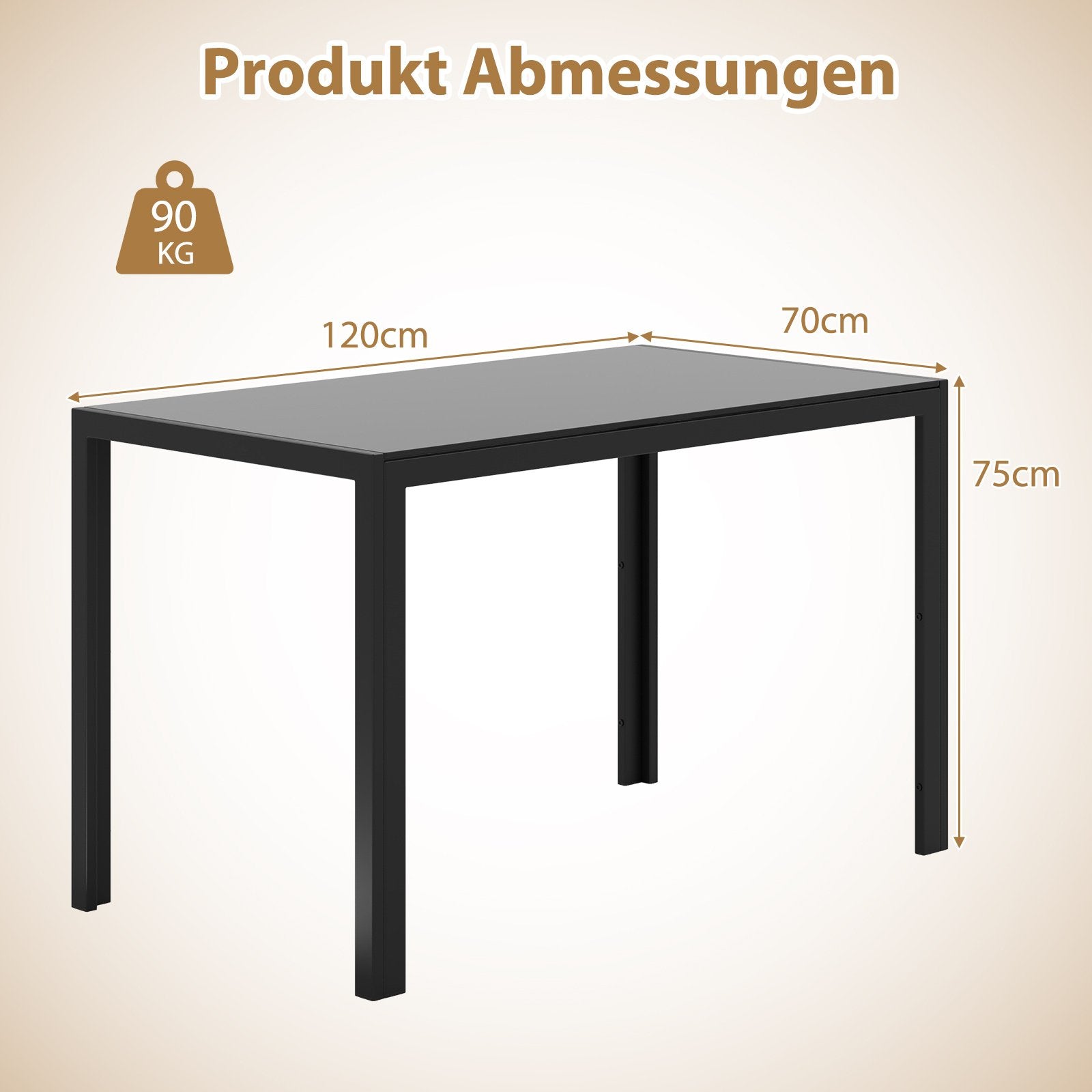 Matbord – i glas, köksbord för personer, matsalsbord med metallram, fyrkantigt köksmöbler – 4 120 x 70 x 75 cm – Svart