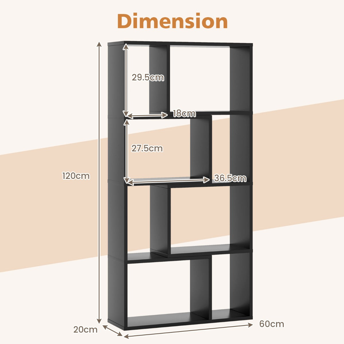 Bokhylla – med hyllplan Stativhylla fack Kubhylla – 4 8 60 x 20 x 120 cm – Svart
