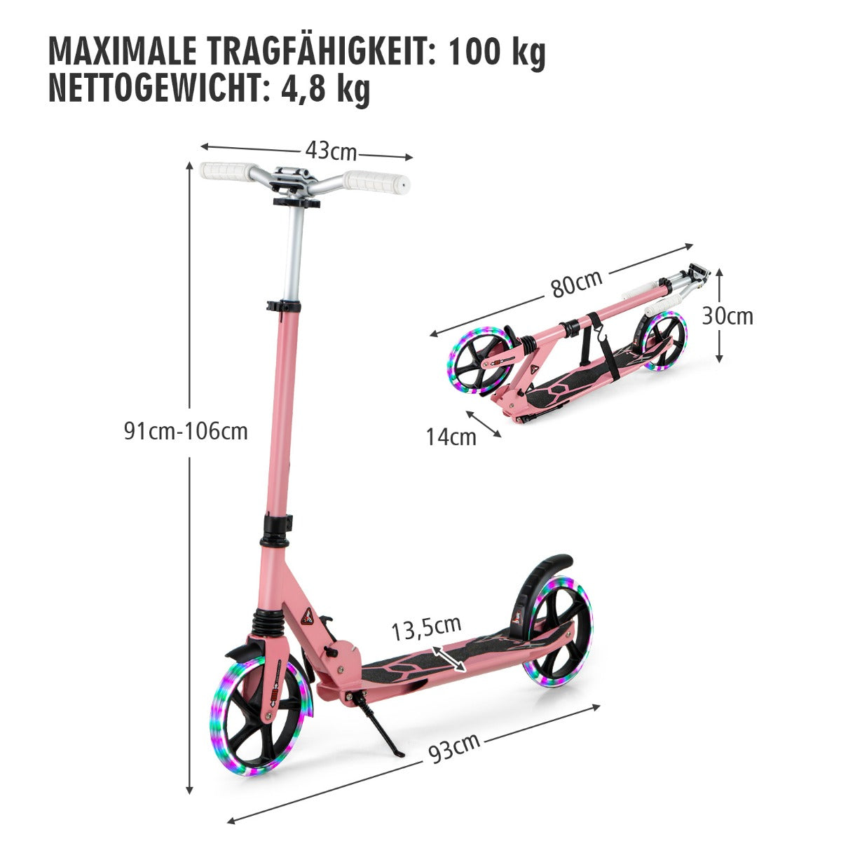 Barns – hopfällbar scooter med belysning, höjdjusterbar bärrem – Rosa