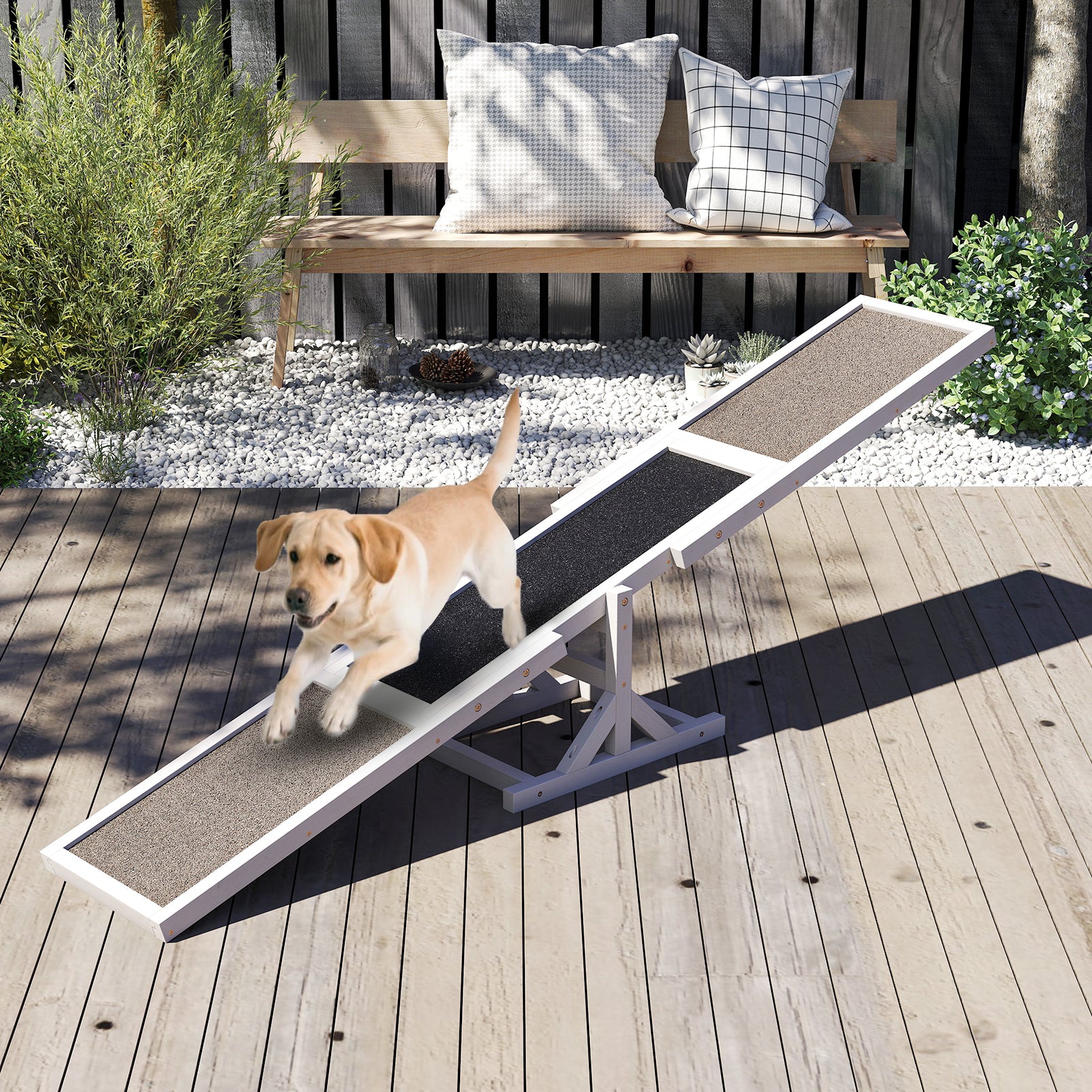 Trä – Hund Agility Vippbräda och leksaksset Utomhus lökleksak Klätterplattform – Vit
