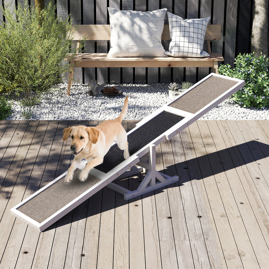 Trä – Hund Agility Vippbräda och leksaksset Utomhus lökleksak Klätterplattform – Vit