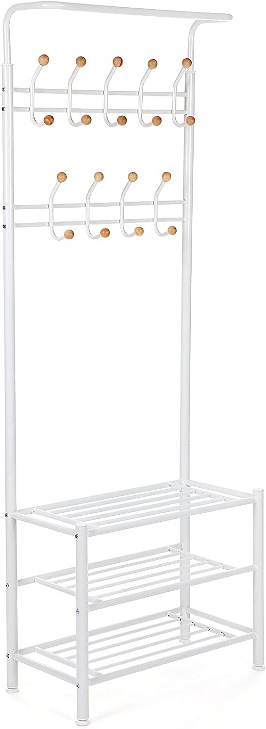 Kapstok met 18 haken en 3 schoenenrekken - staal - zwart