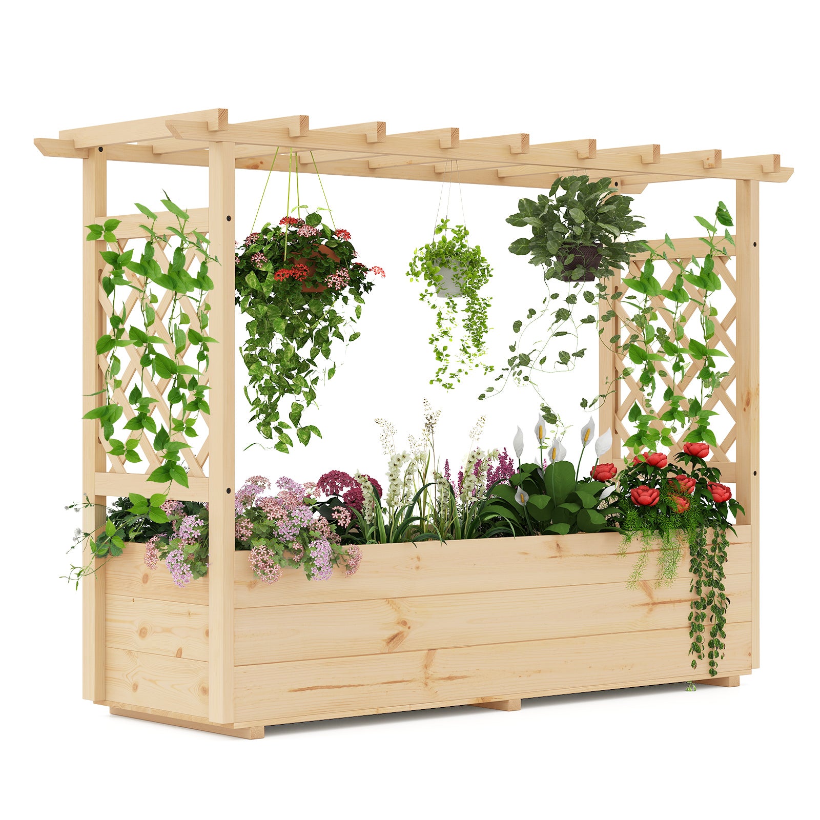 Högbädd – med spaljé och hängande tak, planteringslåda stöd dräneringshål, blomlåda – 150 x 50 x 104 cm – Natur