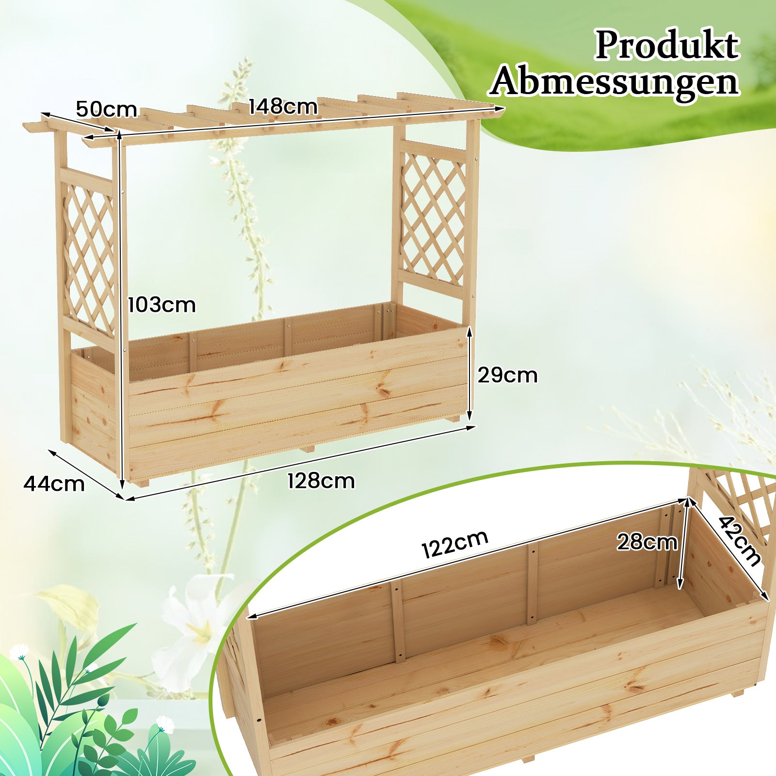 Högbädd – med spaljé och hängande tak, planteringslåda stöd dräneringshål, blomlåda – 150 x 50 x 104 cm – Natur