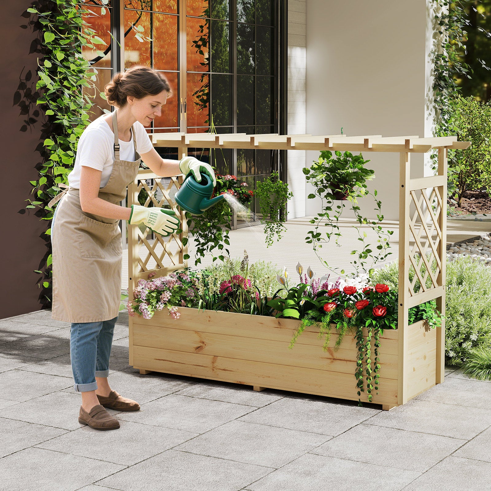 Högbädd – med spaljé och hängande tak, planteringslåda stöd dräneringshål, blomlåda – 150 x 50 x 104 cm – Natur