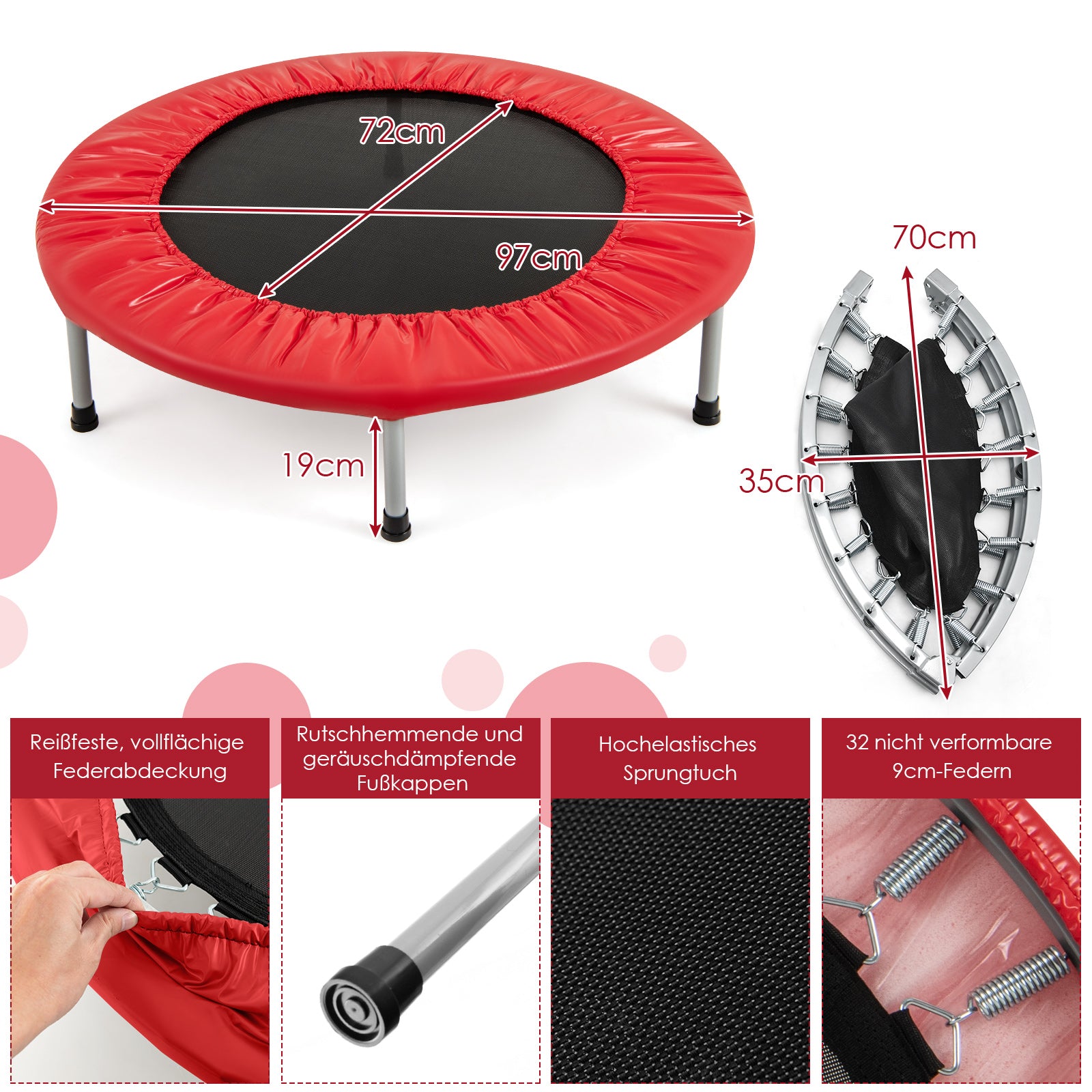 Mini – Trampolin Fitness Fällbar upp till Belastning – 150 kg Ø 97 cm – Röd