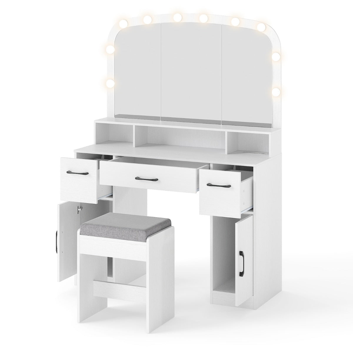 Sminkbord – med sminkpall och ljusfärger LED spegel laddstation frisörbord – 3 – Vit