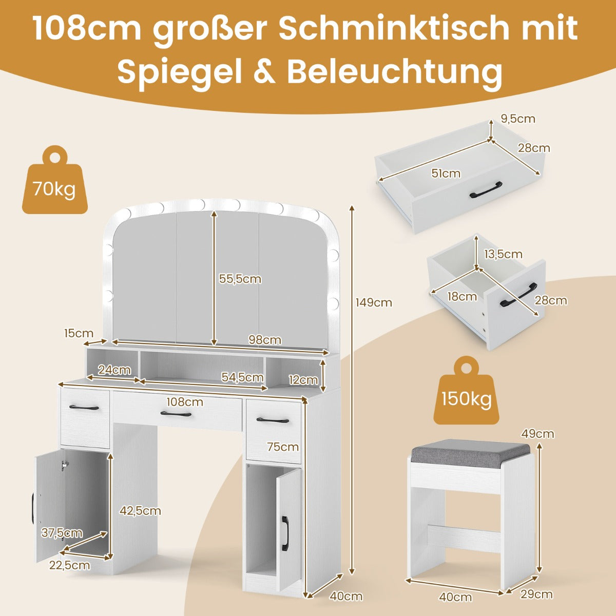 Sminkbord – med sminkpall och ljusfärger LED spegel laddstation frisörbord – 3 – Vit