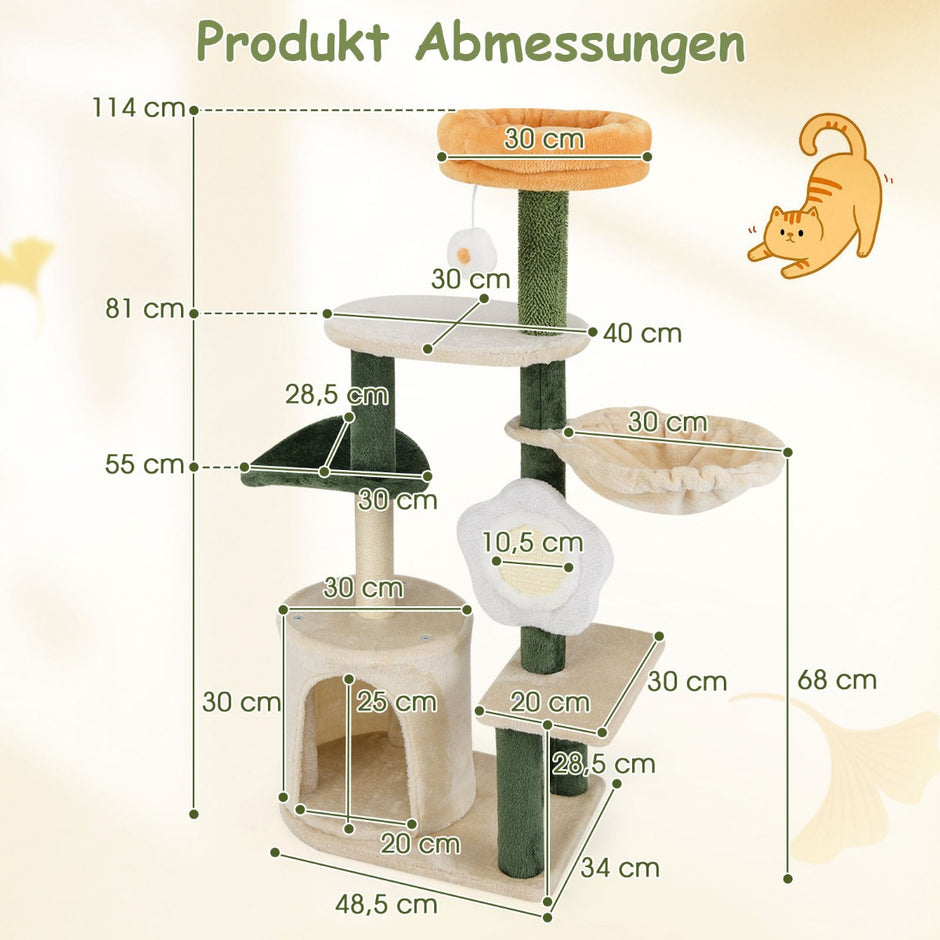 Kratsträd – högt kattträd med kattgrotta blommig sitsyta grön+beige – 114 cm – Färgglad