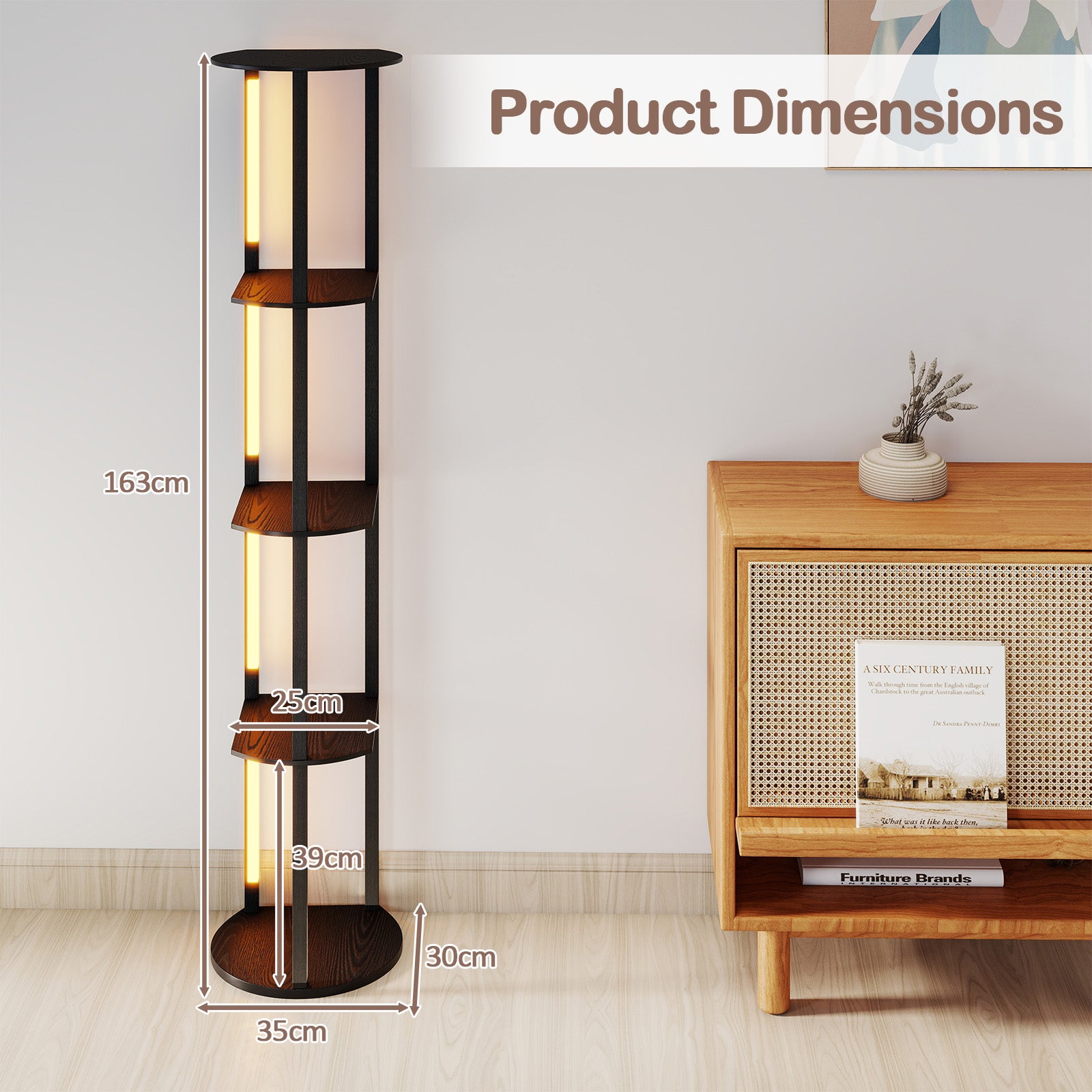 Golvlampa – med hyllor och roterbara LED remsor fotströmbrytare avlastningshylla – 4 – Svart