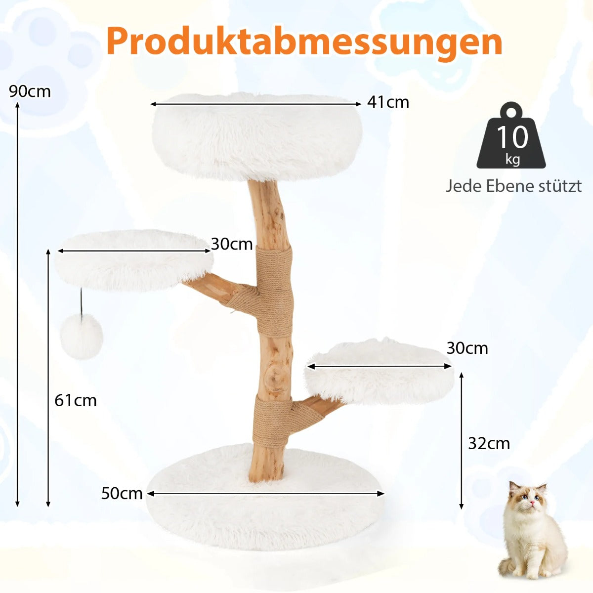 Hög – klösstång för katter i massivt päronträ med utsiktsplattform – 90 cm – Vit