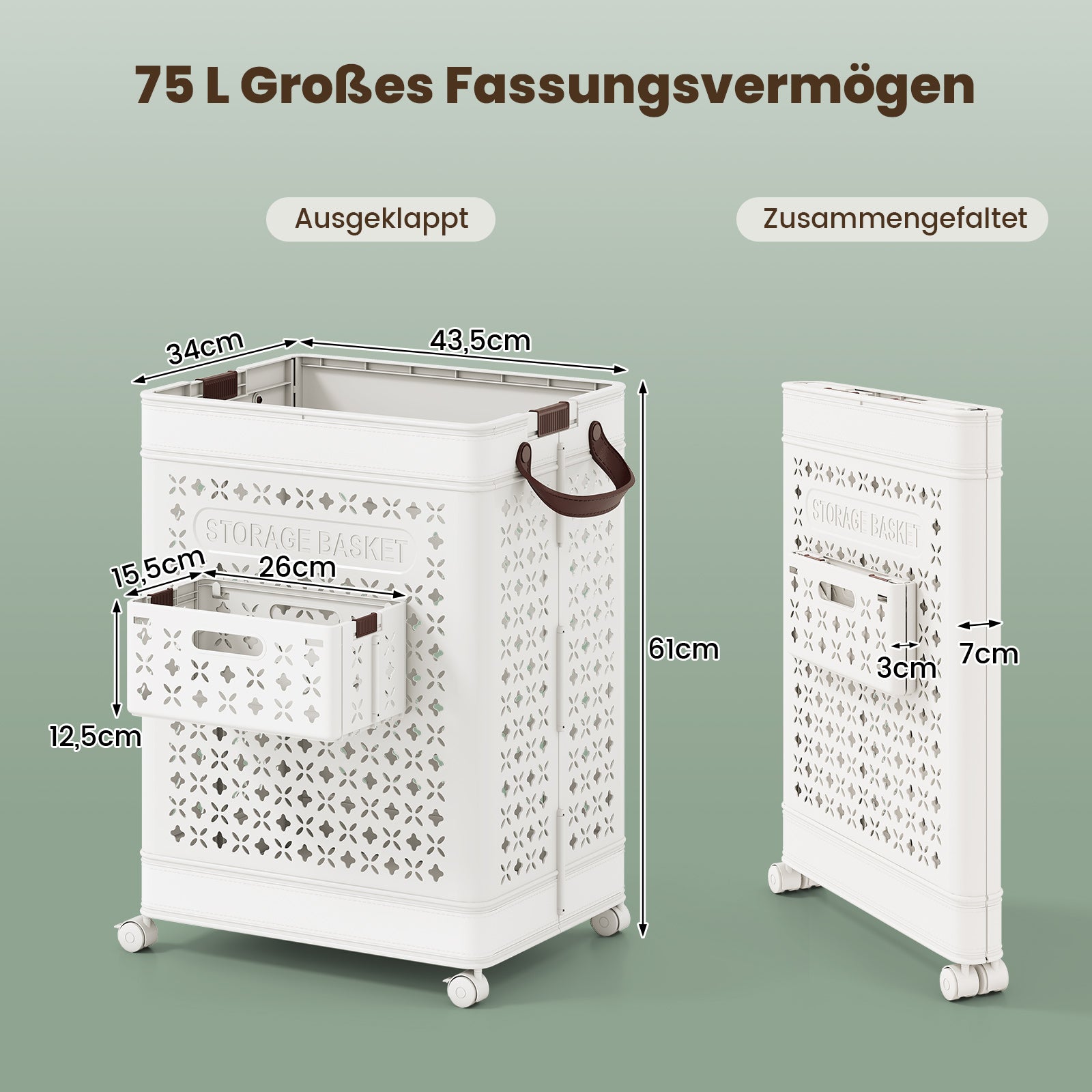 75L – tvättkorg på hjul, platsbesparande tväcksamlare, förvaringsbehållare – Vit