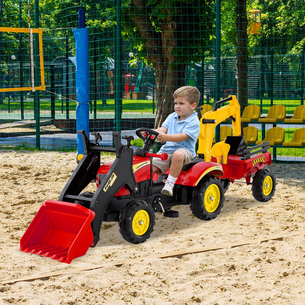 I – Sittbar Bagger För Barn Bulldozer Med Hjul Avtagbar Trailer och Grävsspade – 3 1 6 – Röd