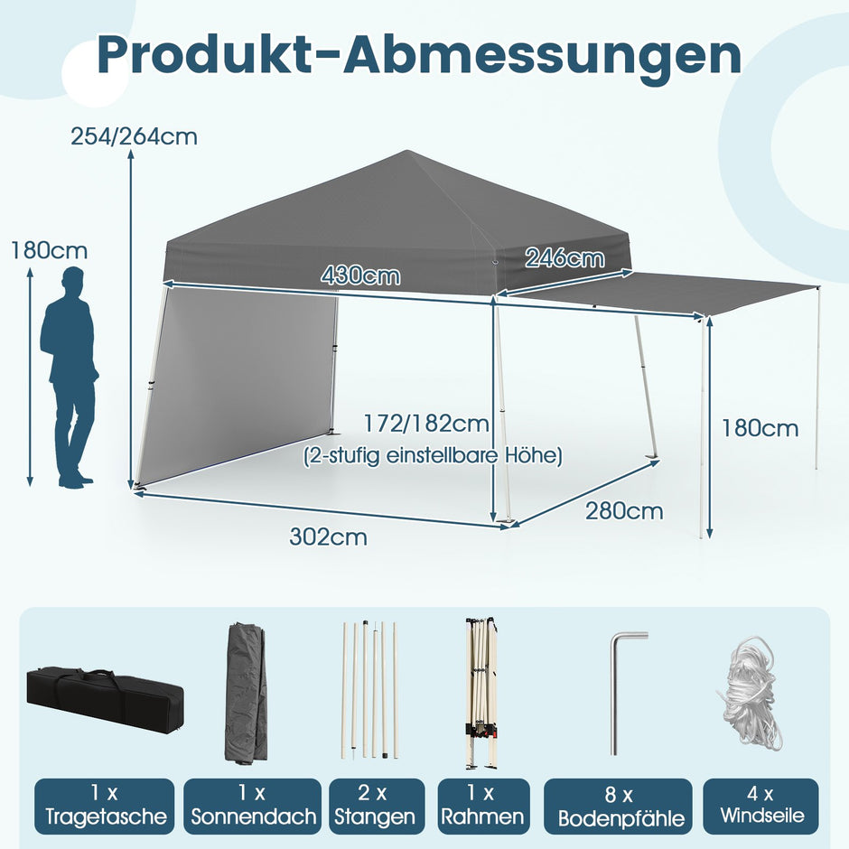 Pop – up Paviljong med omvandlingsbara sidoväggar till markis Campingtält Partytält – 2 430 x 280 cm – Grå