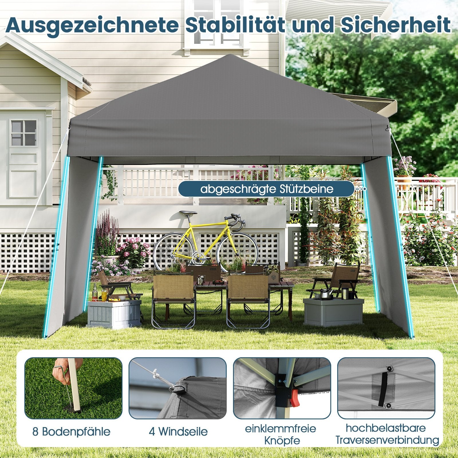 Pop – up Paviljong med omvandlingsbara sidoväggar till markis Campingtält Partytält – 2 430 x 280 cm – Grå