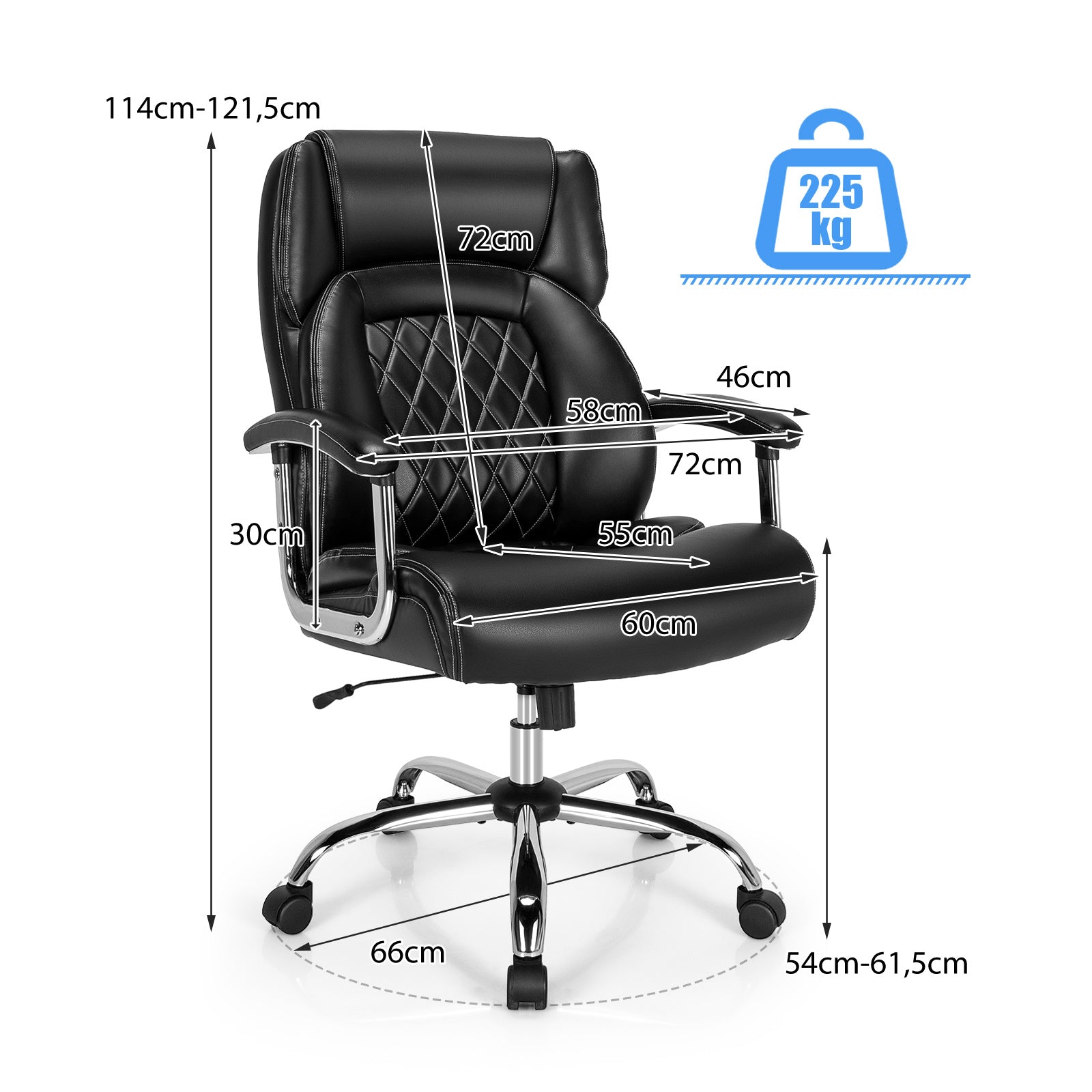 Ergonomisk – kontorsstol för chefer, belastningskapacitet upp till kg, skrivbordsstol med vippfunktion. – 225 – Svart