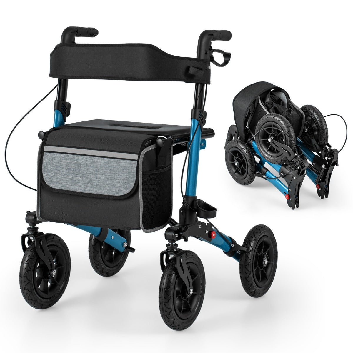 Fällbar – och lätt rollator med luftdäck sittplats i aluminium upp till i rullstol – 140 kg 2 1 – Blå