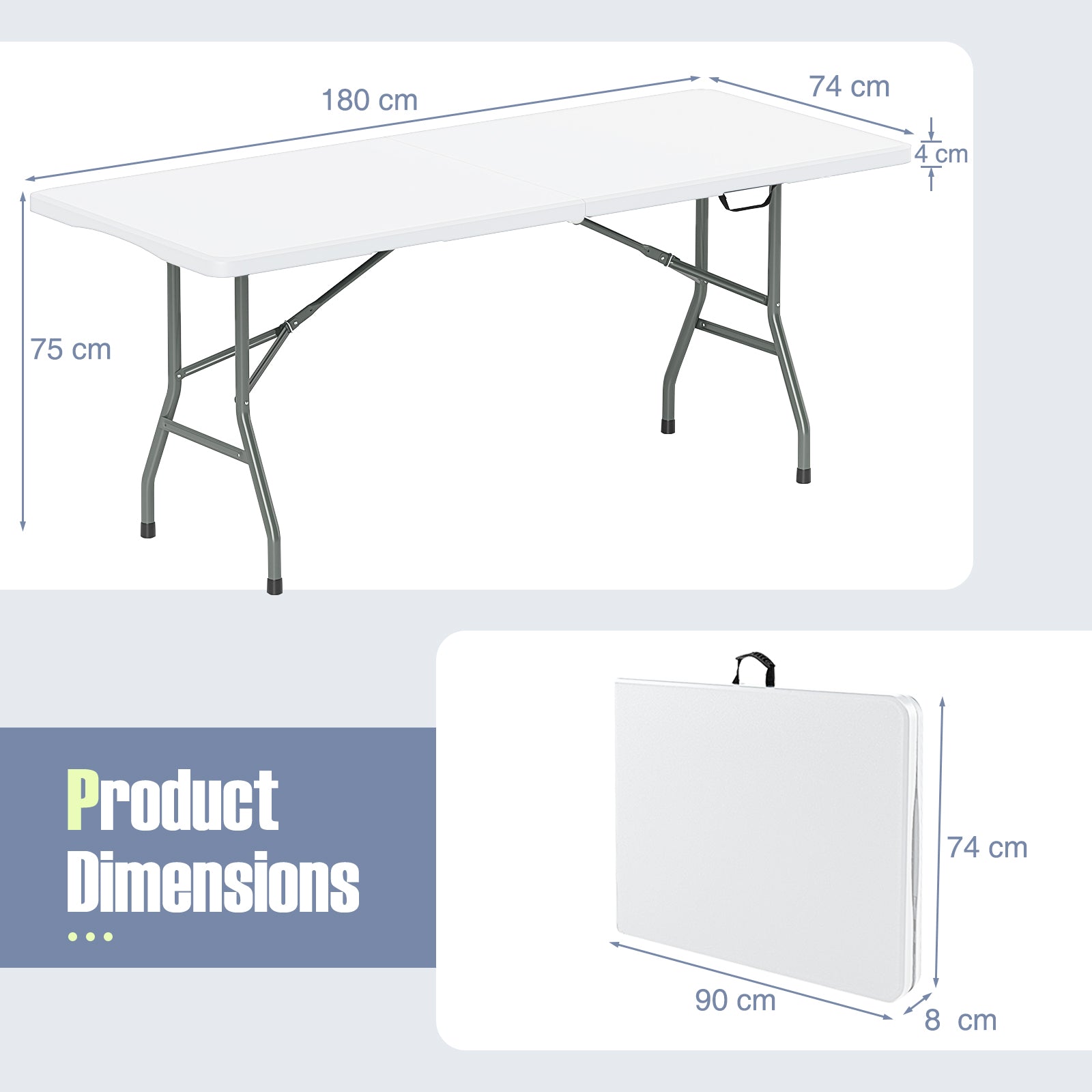 Trädgårdsbord – Campingbord hopfällbart Fällbord med HDPE bordsskiva och bärhandtag – 180 x 74 cm – Vit