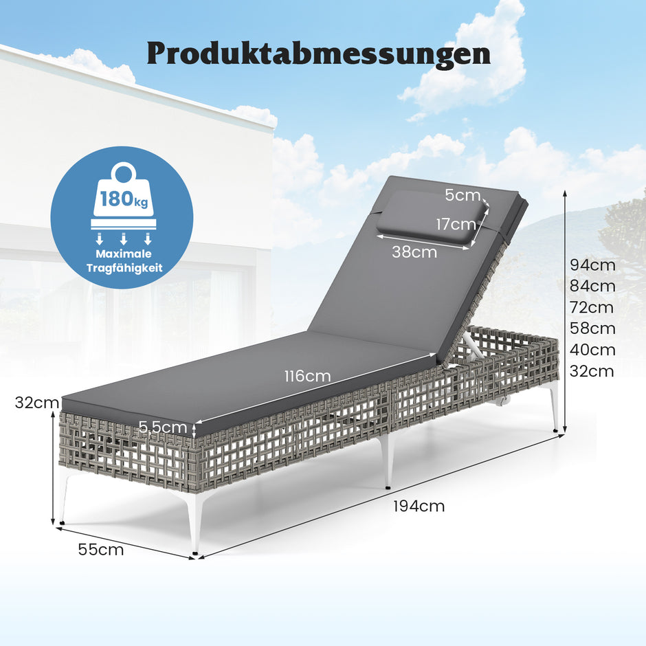 Rattan – solstol trädgårdsstol med dyna och nackstöd justerbart ryggstöd balkongstol – Grå